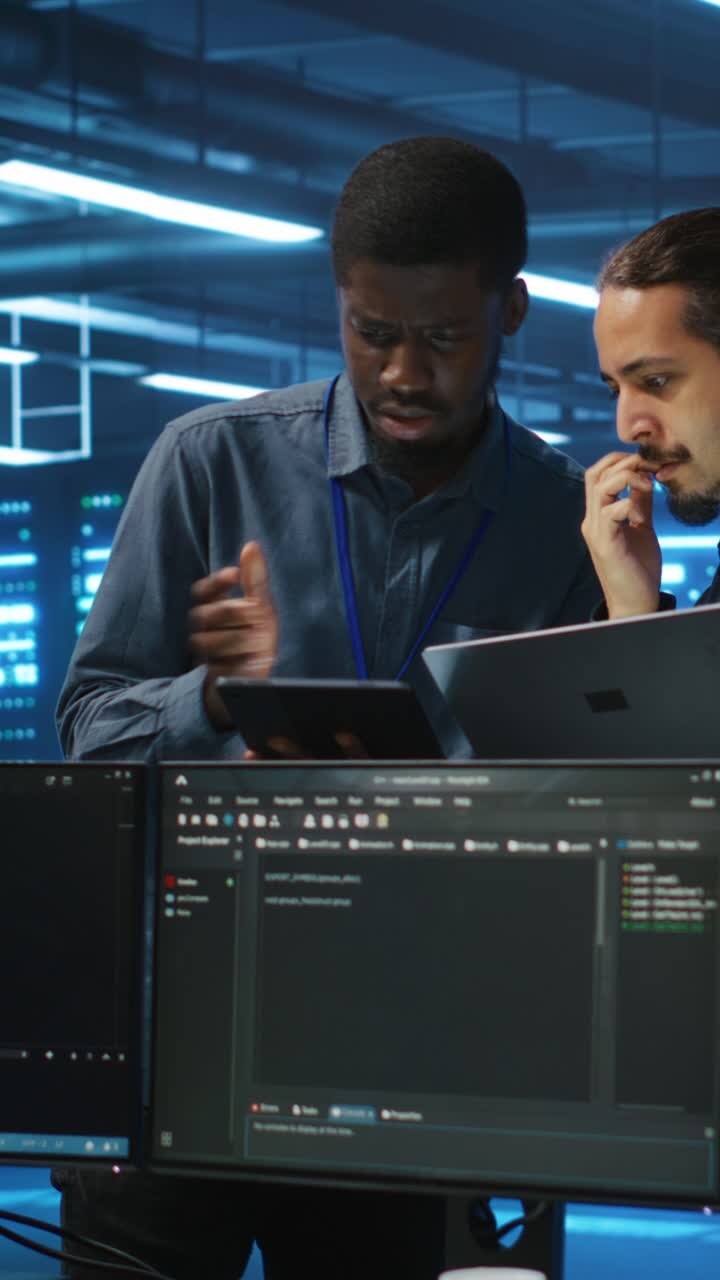 IT-professionelle, der arbejder med tablet og bærbar computer i datacentret