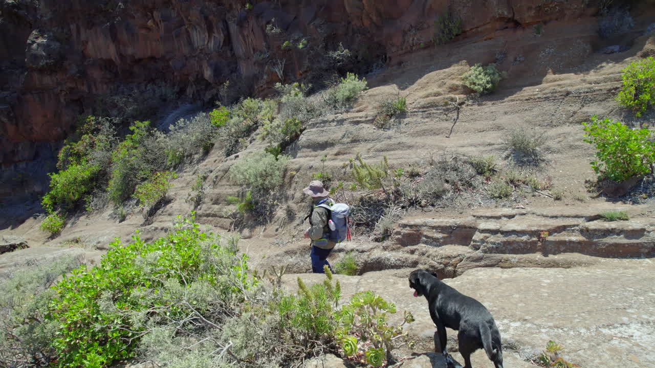 Hiker with backpack and black dog walking on Gran Canaria mountain path