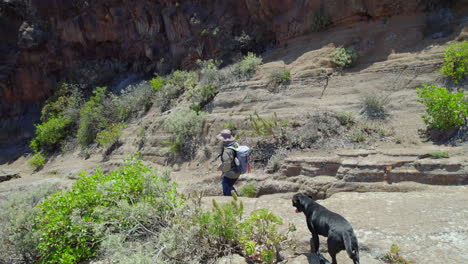hiker with backpack and black dog walking on gran canaria mountain path