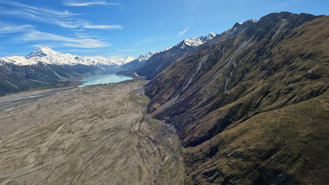 Slowly flying towards the Tasman lake and Glacier, New Zealand