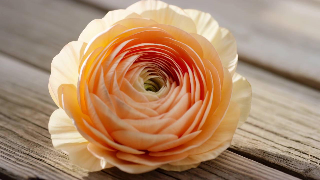 Close-up of pale peach ranunculus on horizontal weathered wood, with fully opened layered petals, spiral center, soft sunlight, rustic grain, gentle shadow and elegant minimal mood