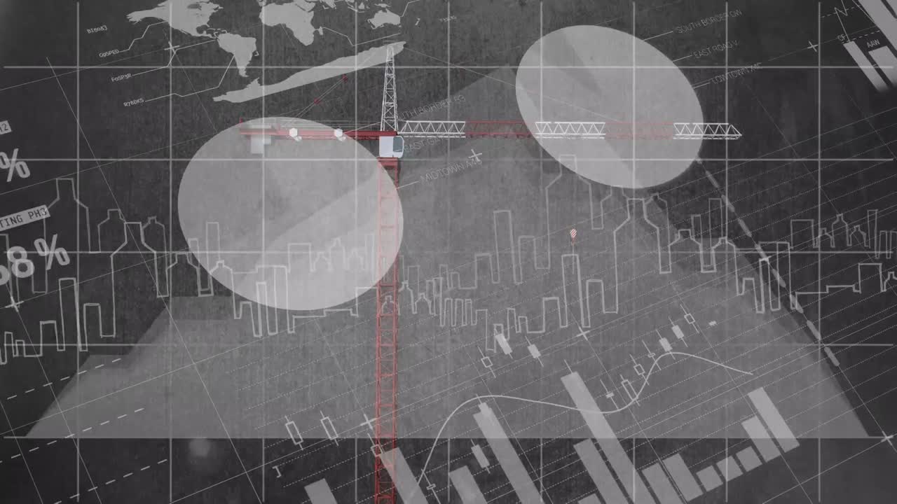 animación de procesamiento de datos financieros y grúa sobre fondo negro