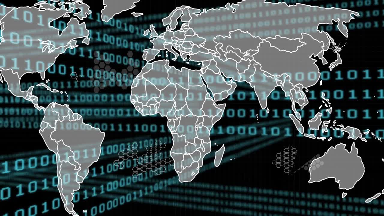Streaming binary code starting map expanding forming borders adding hexagon motifs for data network