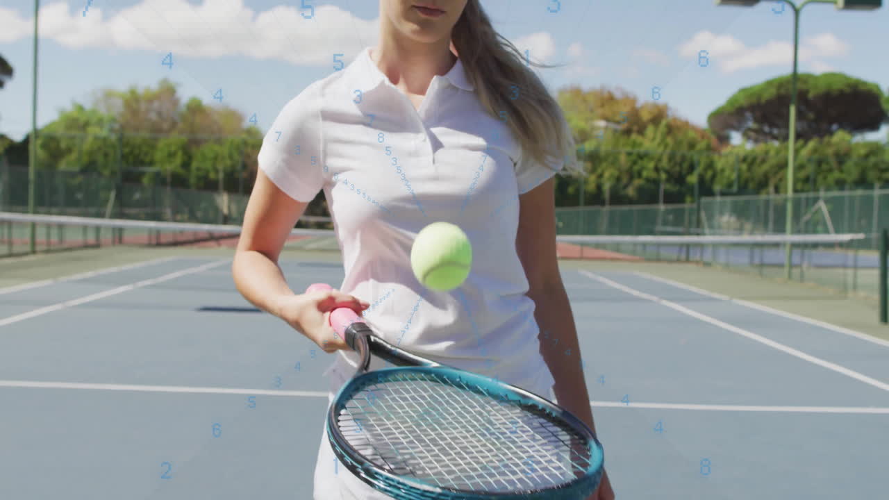 Woman balancing neon tennis ball on racket on tennis court, with animated sports performance data