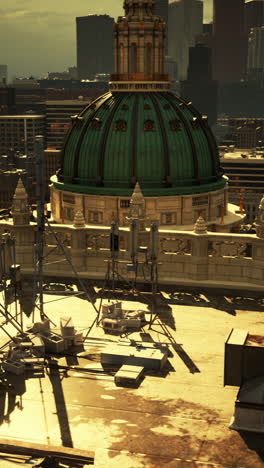 a view of a city skyline with a large dome on top of a building