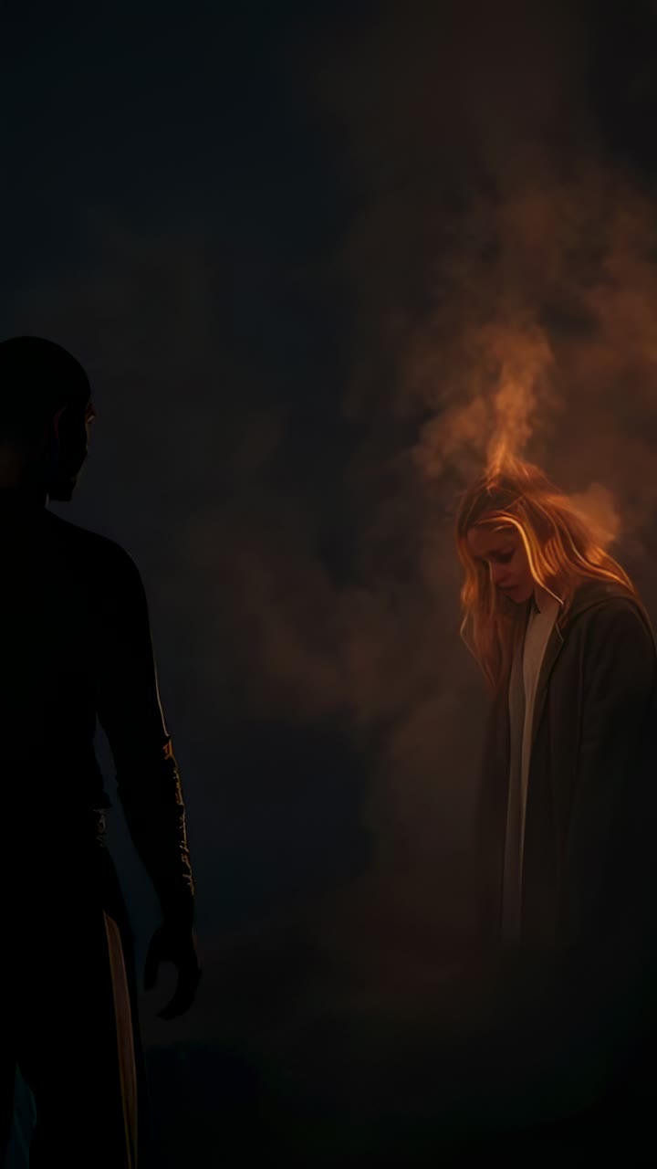 Vertical video: Glow growing, standing man and bowed blond woman in dim smoke, rising smoke on robe
