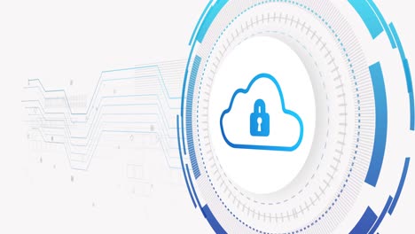 animation of network of connections and cloud with padlock on white background