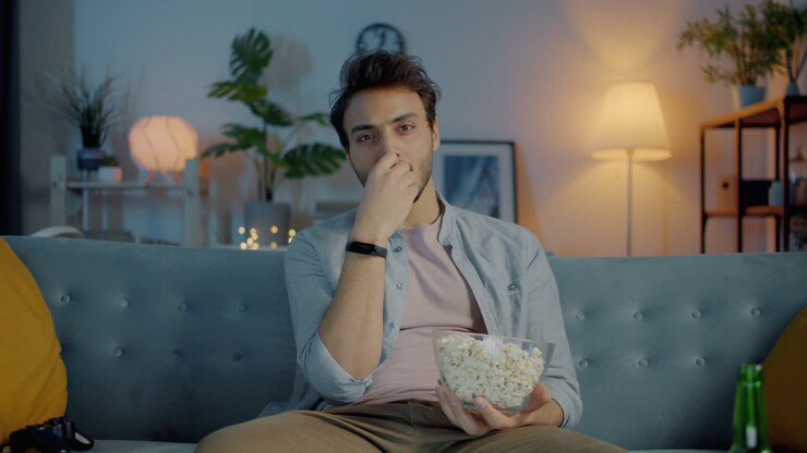 Mand ser film derhjemme med popcorn