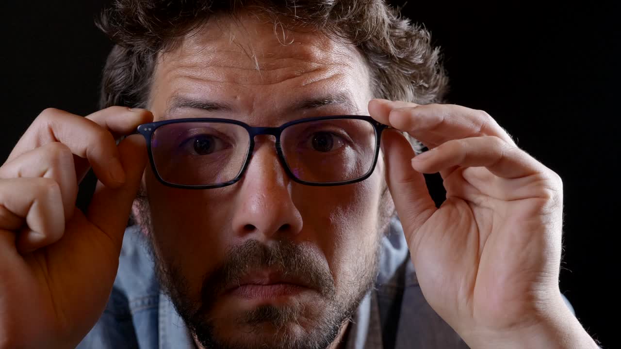 varón caucásico barbudo poniéndose anteojos y sonriendo con mejor visión