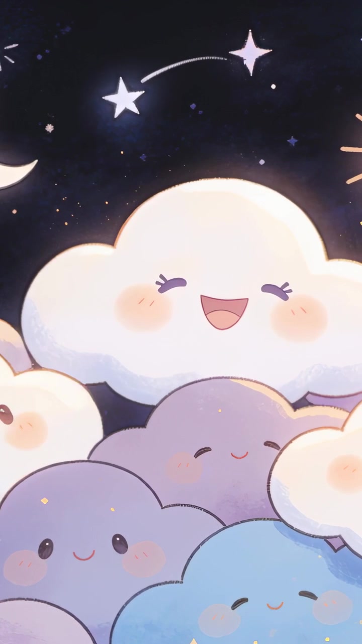 Vertical video: Smiling big cloud beaming as shooting star crossing navy sky, showing crescent moon