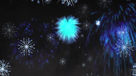 animation of snowflakes and blue christmas and new year fireworks exploding in night sky