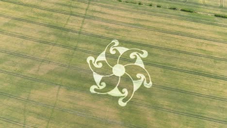 above view of flattening cereal field, crop circle lions gate near etchilhampton in wiltshire, england, uk