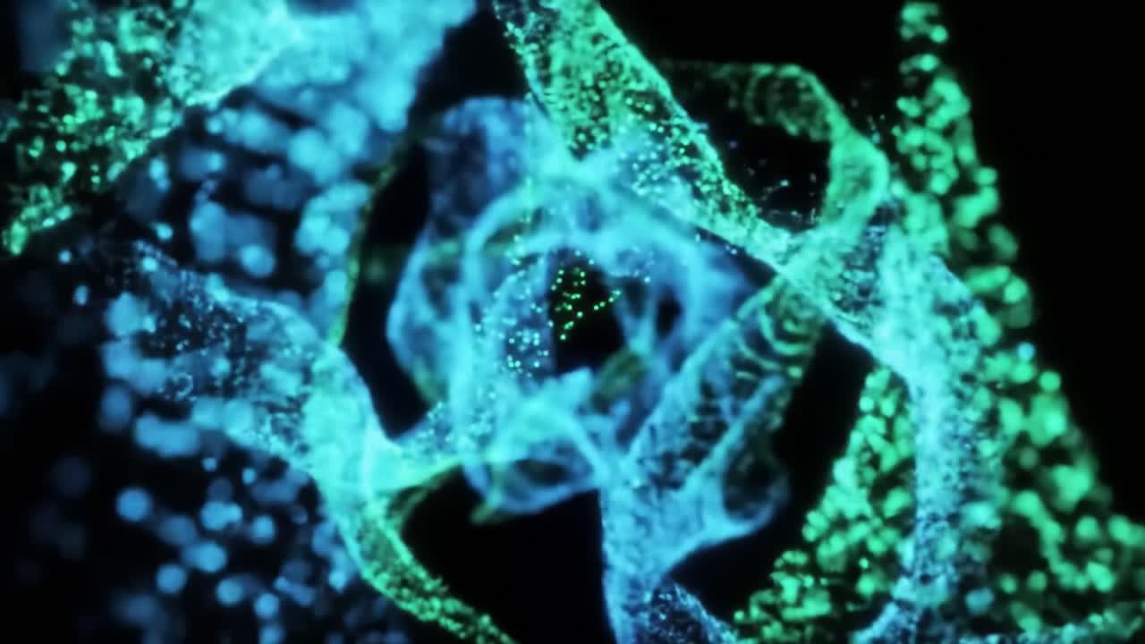Dynamic Visualization of Abstract Fluid Motion in Vibrant Blue and Green Colors Showcasing a Hypnotic Flowing Pattern with Particles in Motion