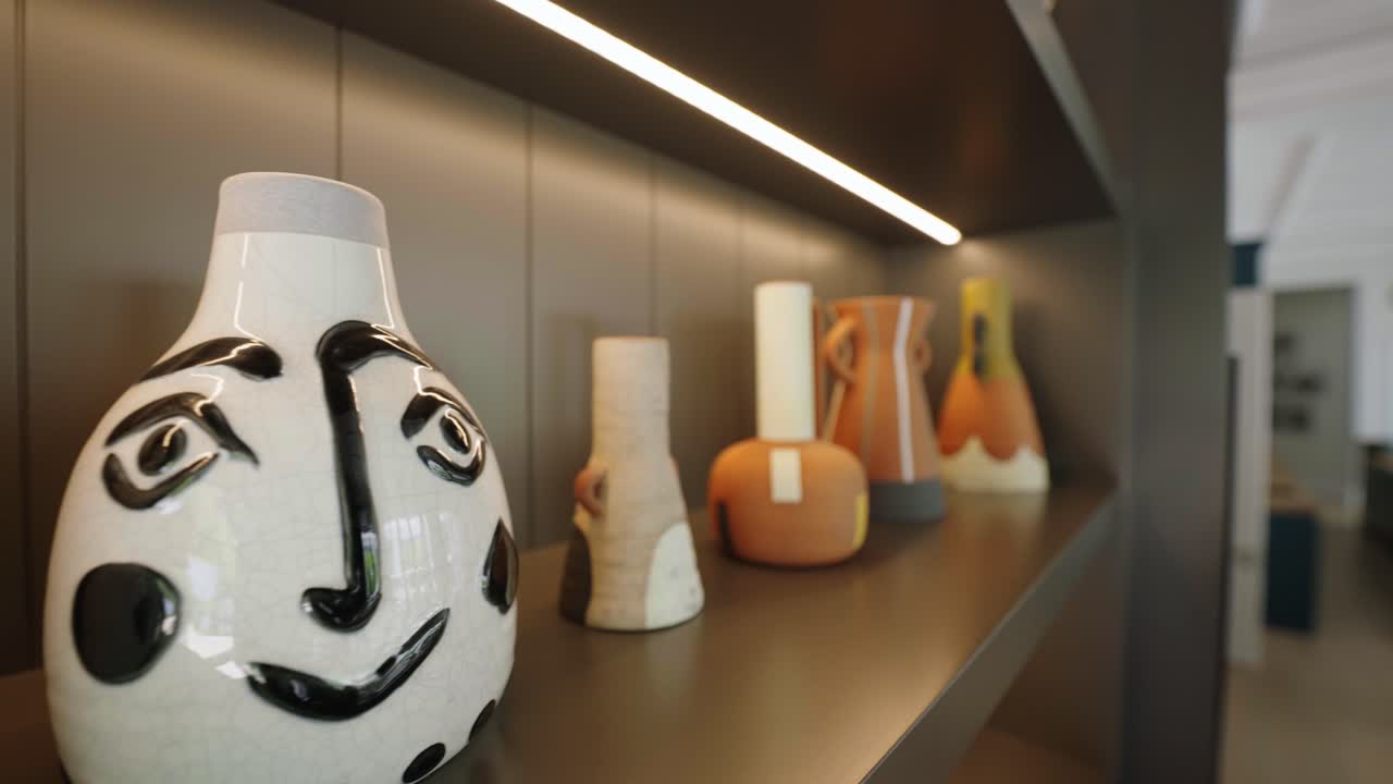 Various clay pots painted differently being displayed in a modern house