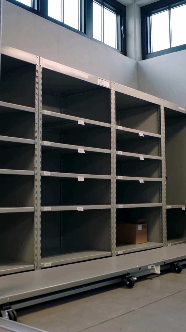 Video vertical: La cámara panea desde la base, mostrando estanterías móviles en un archivo para auditoría, con riel y caja.