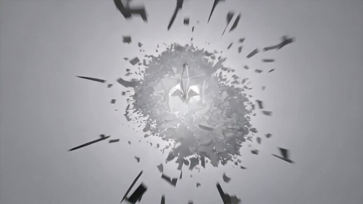 Camera pulling back, origami bird receding, bursting into white flash and shards over grey backdrop