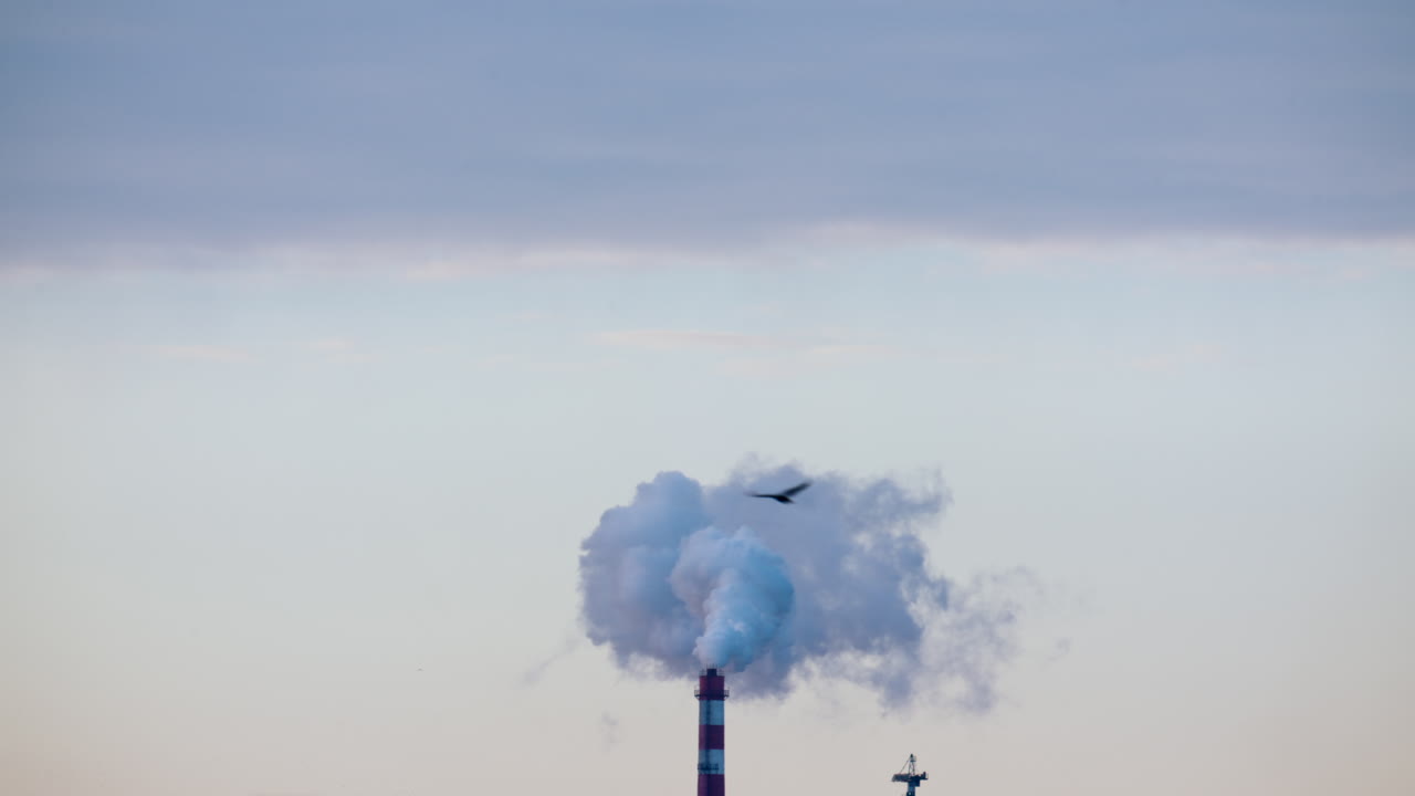 Ciminiera industriale che rilascia fumo denso nel cielo sopra un cantiere edile cittadino.