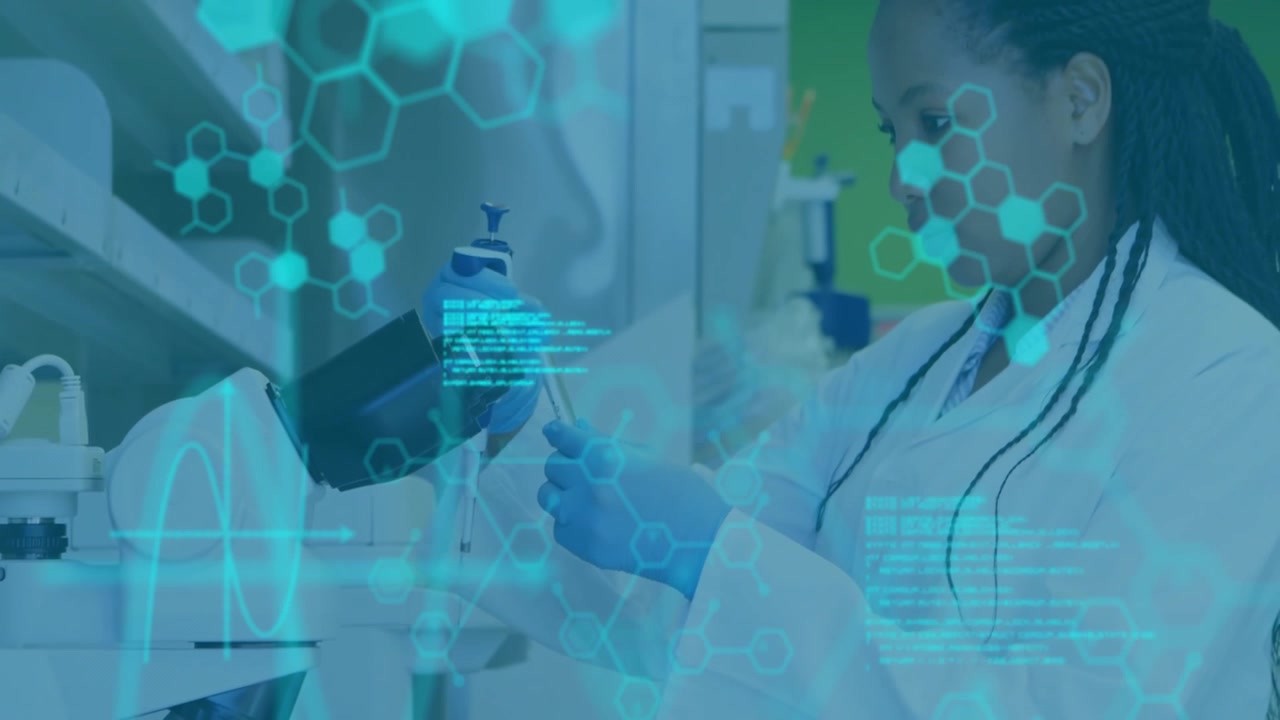 Animation of scientific data processing african american female scientist in laboratory