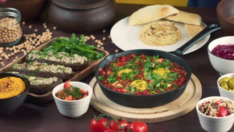 traditional israeli cuisine. putting forshmak on table. shakshuka in pan decorated with parsley, hummus close-up. national jewish dishes. eggs fried in tomato sauce. middle eastern culture