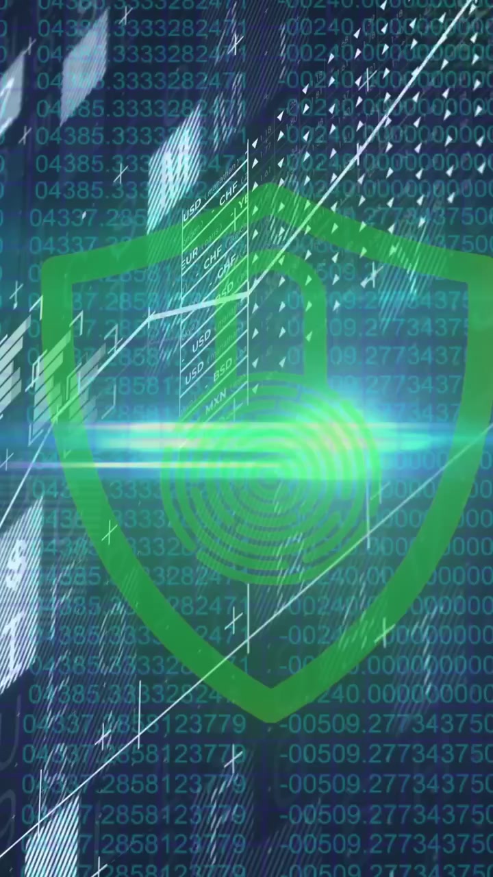 Animation of padlock and financial data processing over black background