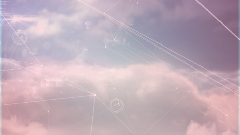 animation of clouds zooming on data processing with connecting dots on digital interface