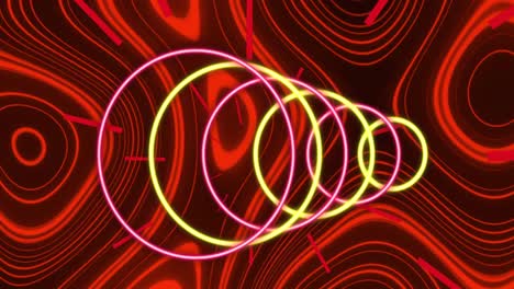 animación de círculos de neón sobre un fondo ondulado rojo