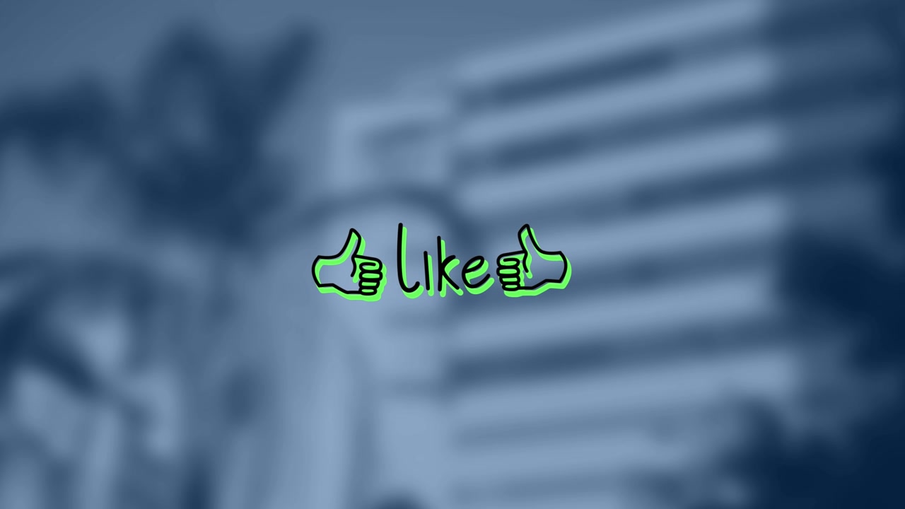 Animation of like text with thumbs up over out of focus cityscape