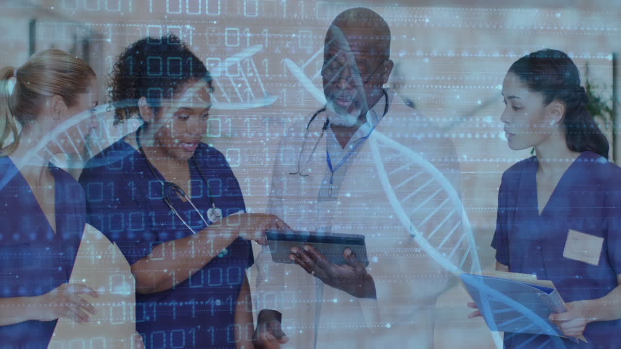 Animation of dna strands and data processing over diverse doctors in hospital