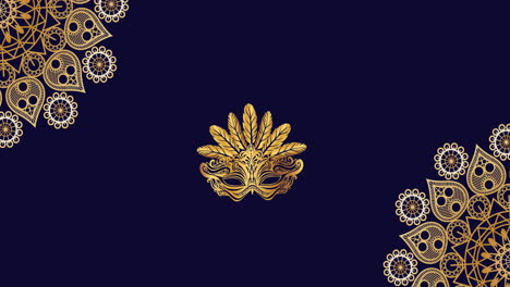 animación de una máscara de oro con círculos decorativos orientales giratorios sobre un fondo azul oscuro