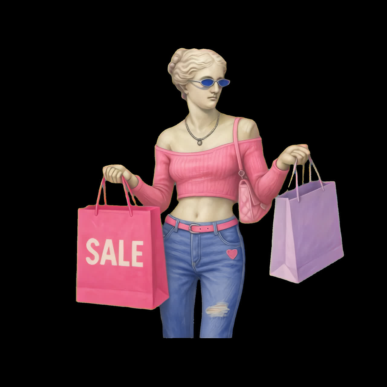 Classical statue shopping spree animation isolated asset, transparent 4K video, alpha channel