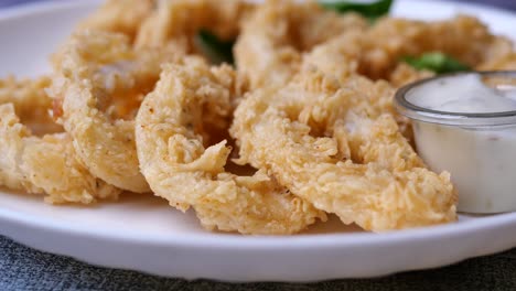 cooked squid rings and shrimp on a plate top view ,