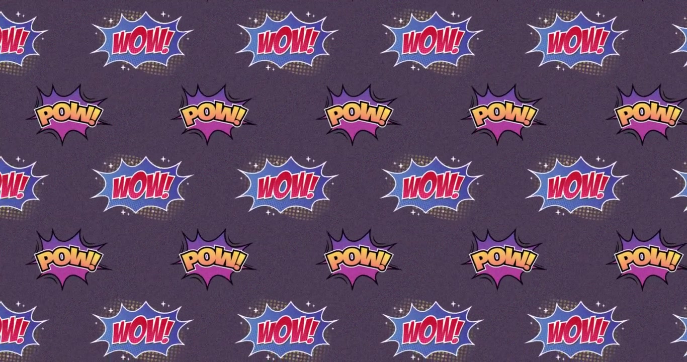 Animazione di molteplici nuvolette di fumetti vintage con testi "Pow!" e "Wow!" in movimento