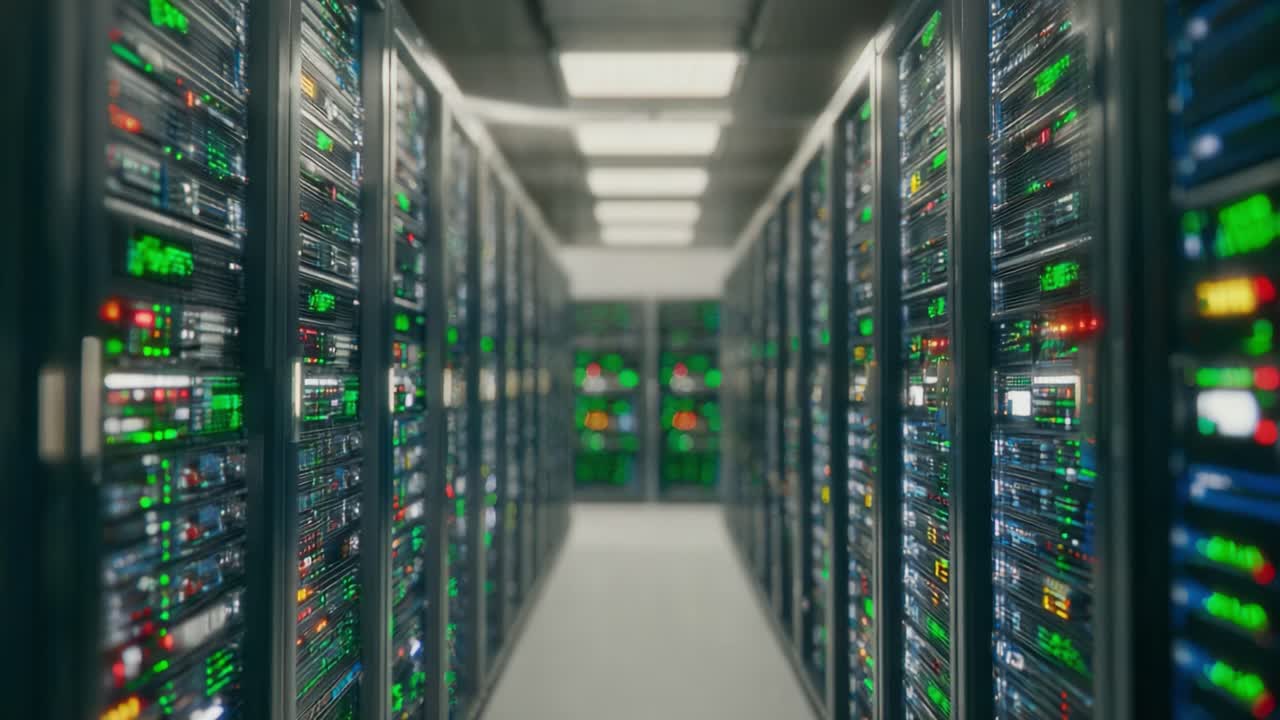 Una Splendida Rappresentazione Visiva di un Moderno Data Center con File di Armadi Server Illuminati da Luci LED Colorate che Creano un Ambiente ad Alta Tecnologia