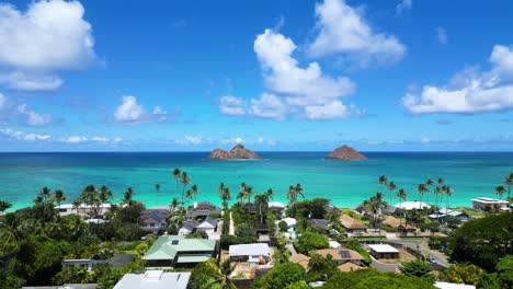 Descending-over-Lanikai,-Oahu,-Hawaii-coast-through-trees