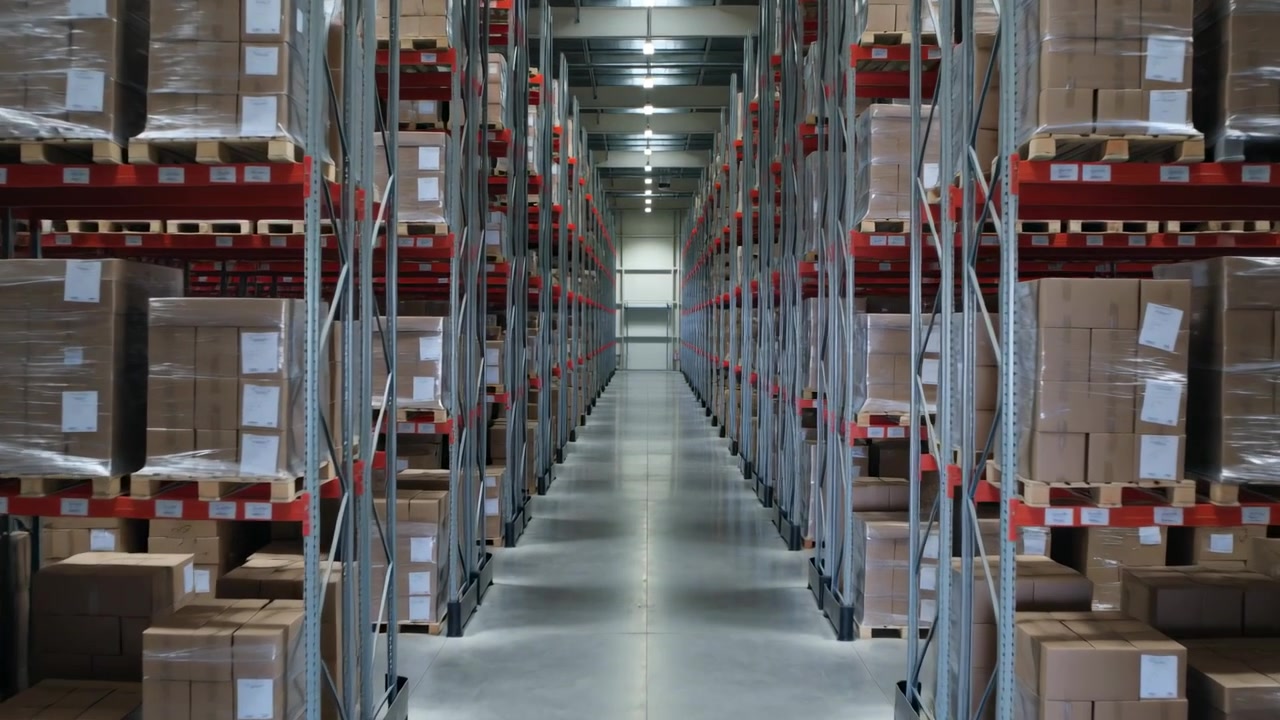 Telecamera che avanza lungo il corridoio centrale di un deposito, rivelando alte scaffalature metalliche con scatole su pallet.