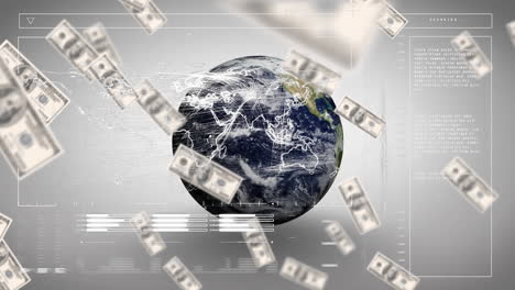 animazione di banconote in dollari e elaborazione dei dati su tutto il globo su sfondo bianco e nero.