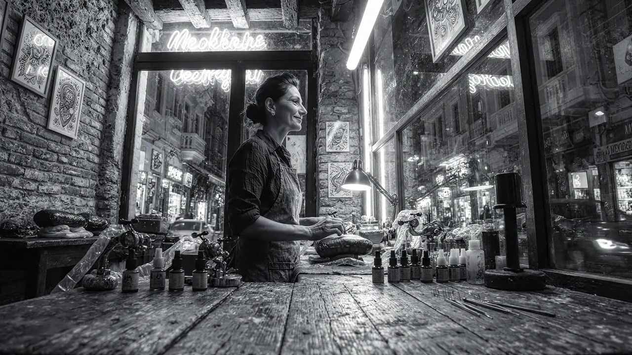 Artigiano al lavoro: un artigiano appassionato si concentra sul proprio mestiere in un laboratorio vintage, circondato da materiali creativi e luci al neon soffuse di notte