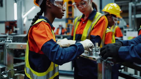 factory workers inspecting machinery