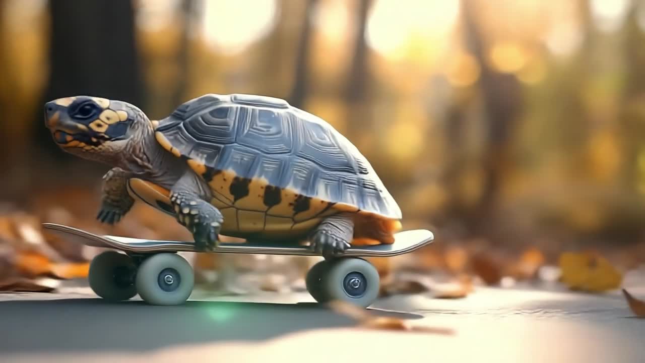 Turtle skates in autumn park. A turtle skillfully rides a skateboard along a park path surrounded by colorful autumn leaves and trees.