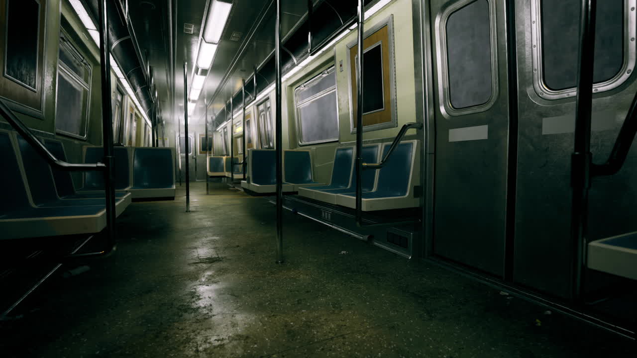 Deserted subway train during late night hours in an urban area
