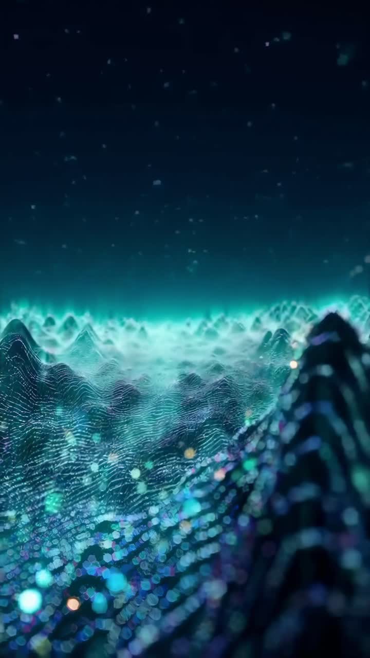 Abstract digital wave with glowing particles, low-angle shot, perfect for a tech video