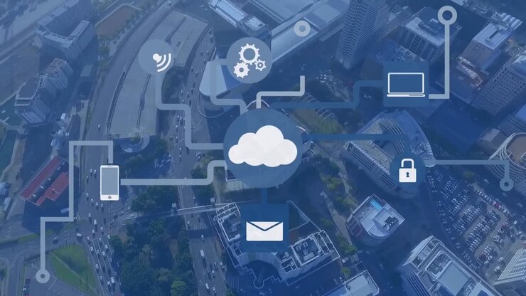 Animation of cloud and digital icons with data processing over cityscape