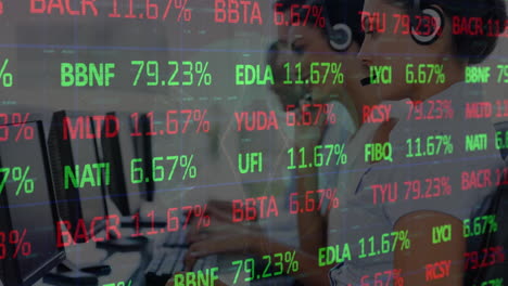 animación del procesamiento de datos financieros sobre diversas personas de negocios que usan auriculares telefónicos en la oficina
