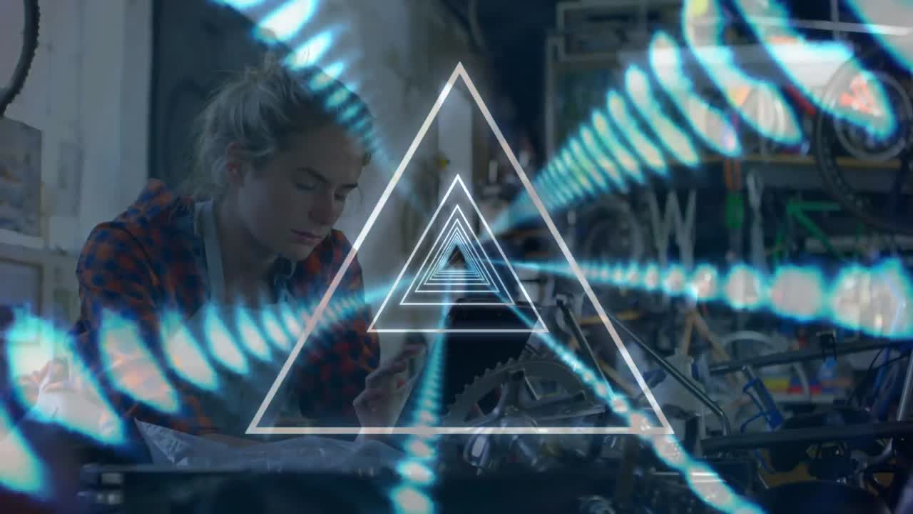 animación de formas de neón sobre mecánica caucásica usando una tableta