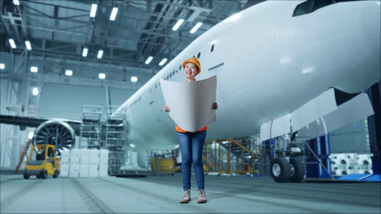 mujer ingeniera revisando planos de aviones en el hangar