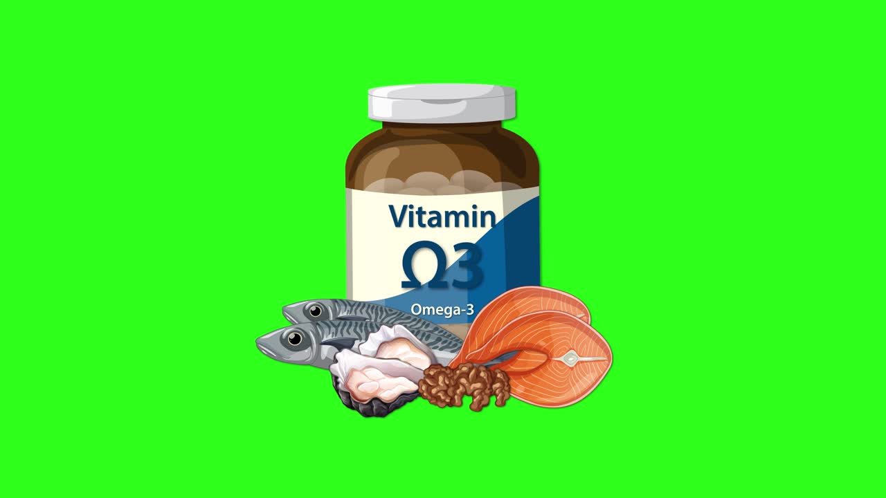 Omega-3 supplement bottle animates with fish, shellfish, and oyster illustrations on vibrant green backdrop