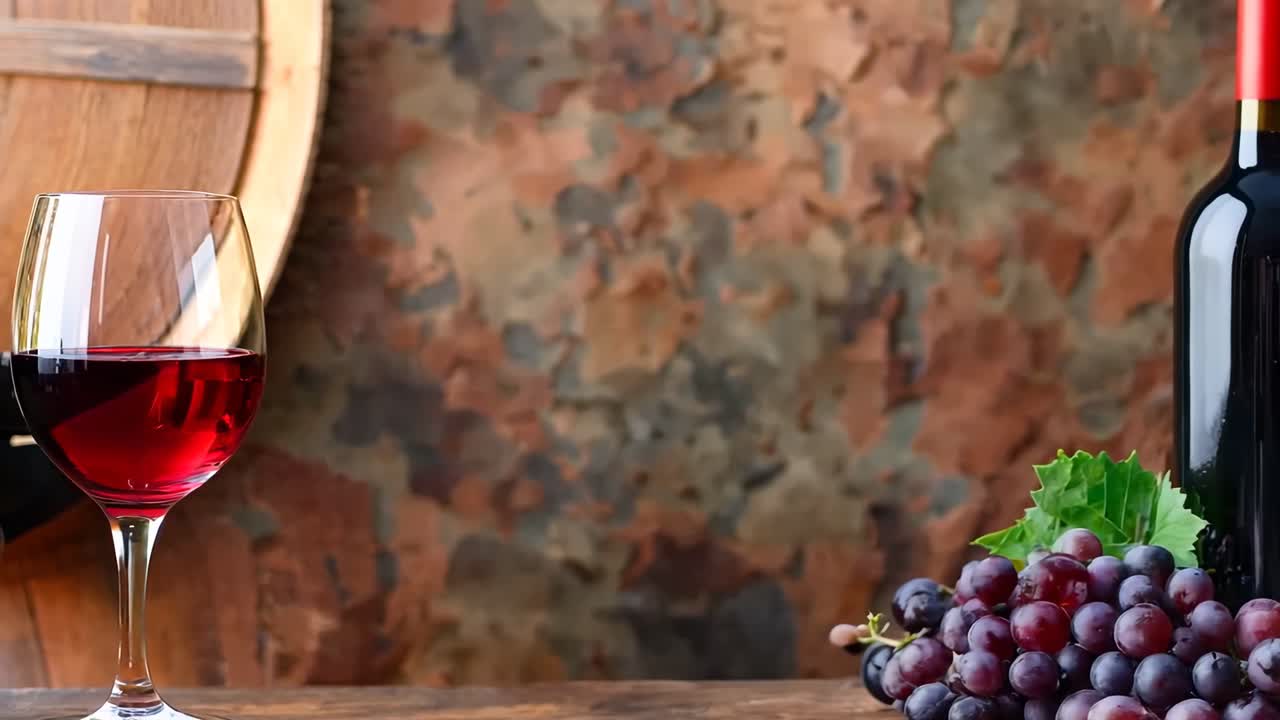 A bottle of red wine next to a bunch of grapes and two glasses of wine