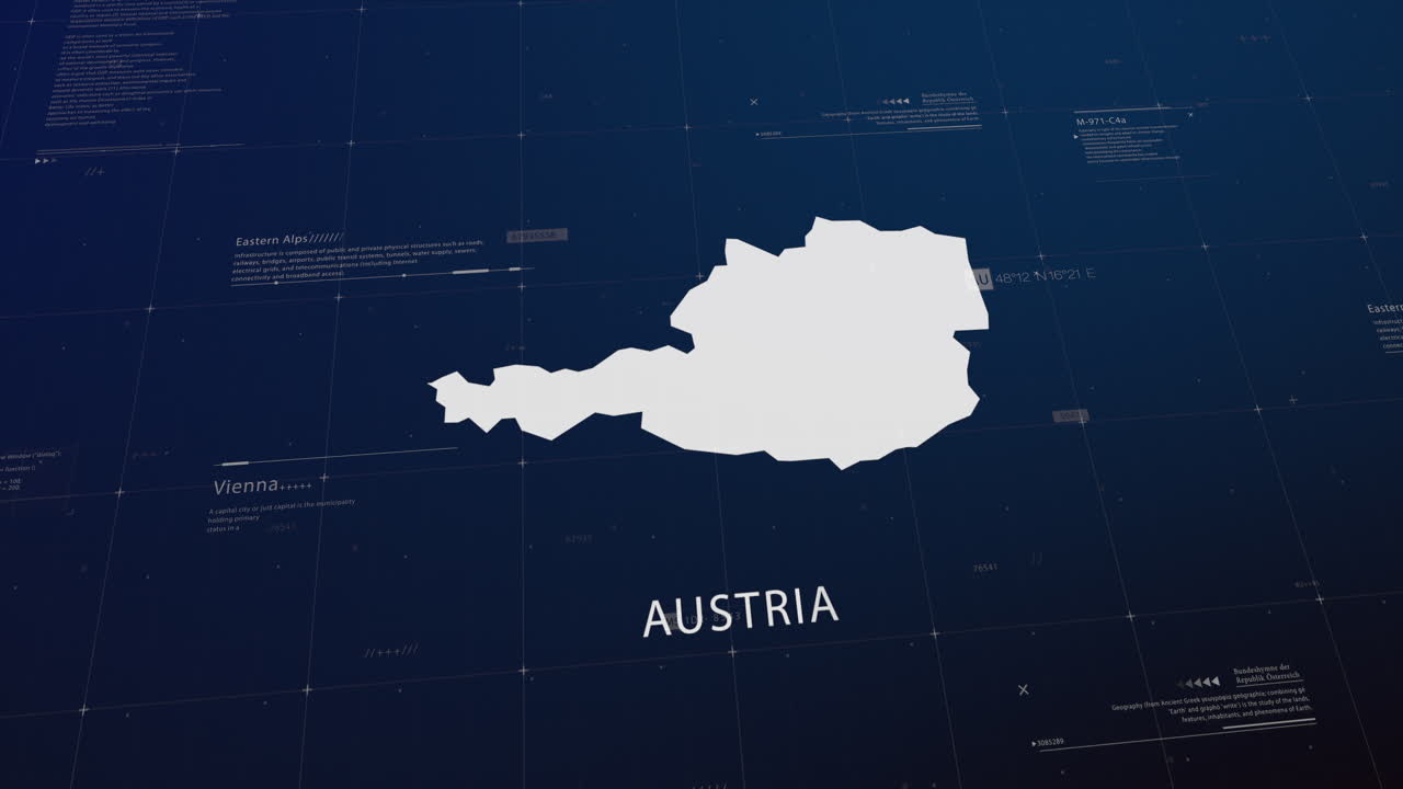 Austria country map comes to life with cinematic panning, unveiling key details, the capital, and slogan, providing an engaging background for corporate and commercial use