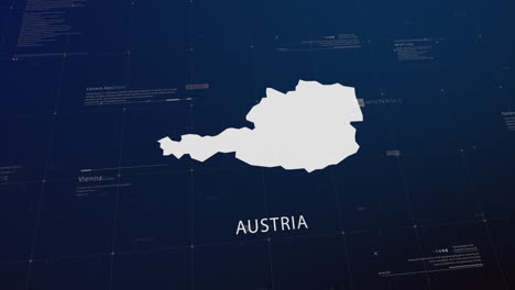 austria country map comes to life with cinematic panning, unveiling key details, the capital, and slogan, providing an engaging background for corporate and commercial use