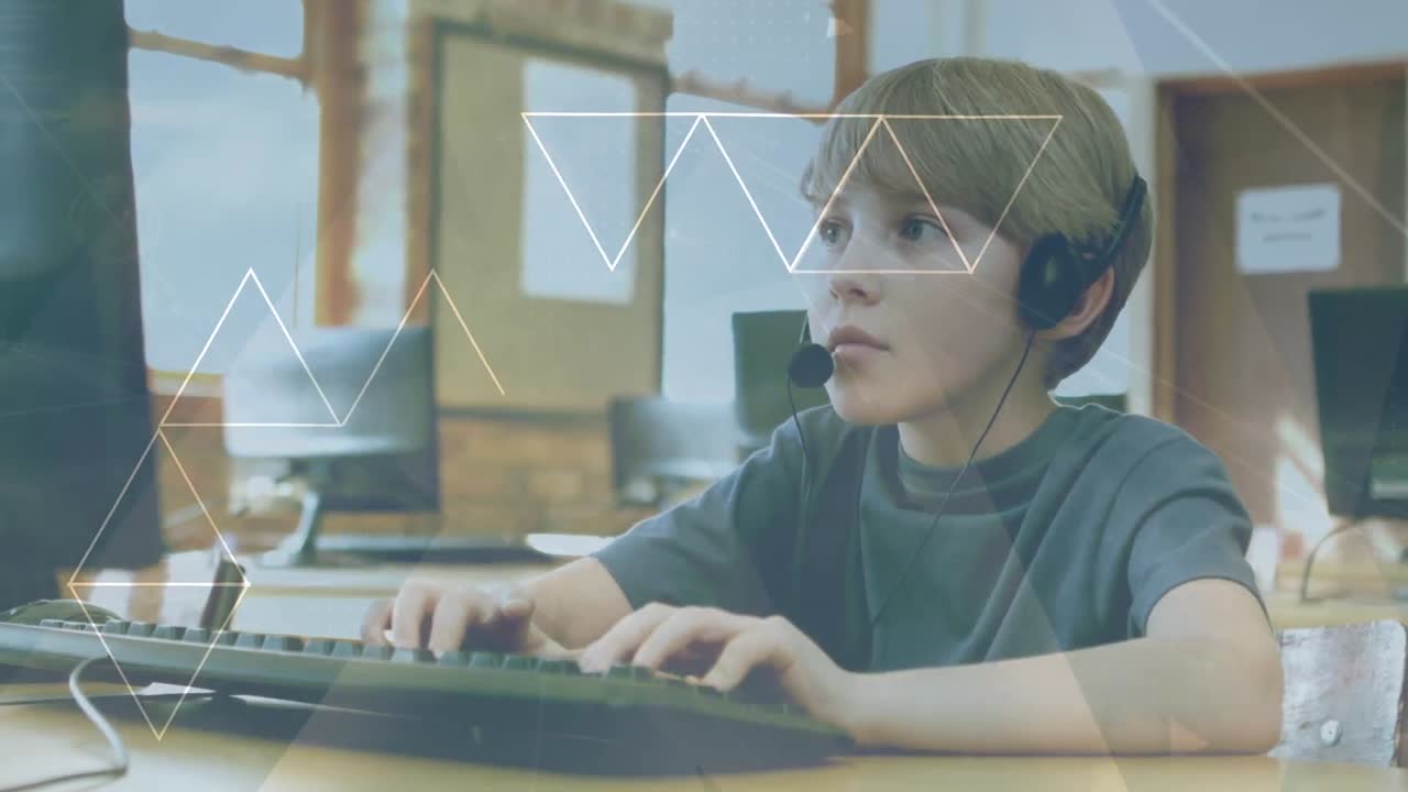 анимация сети соединений над кавказским школьником с помощью компьютера